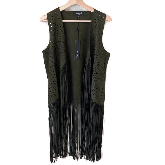 Beulah Jackets & Blazers - NWT beulah green Boho fringe vest